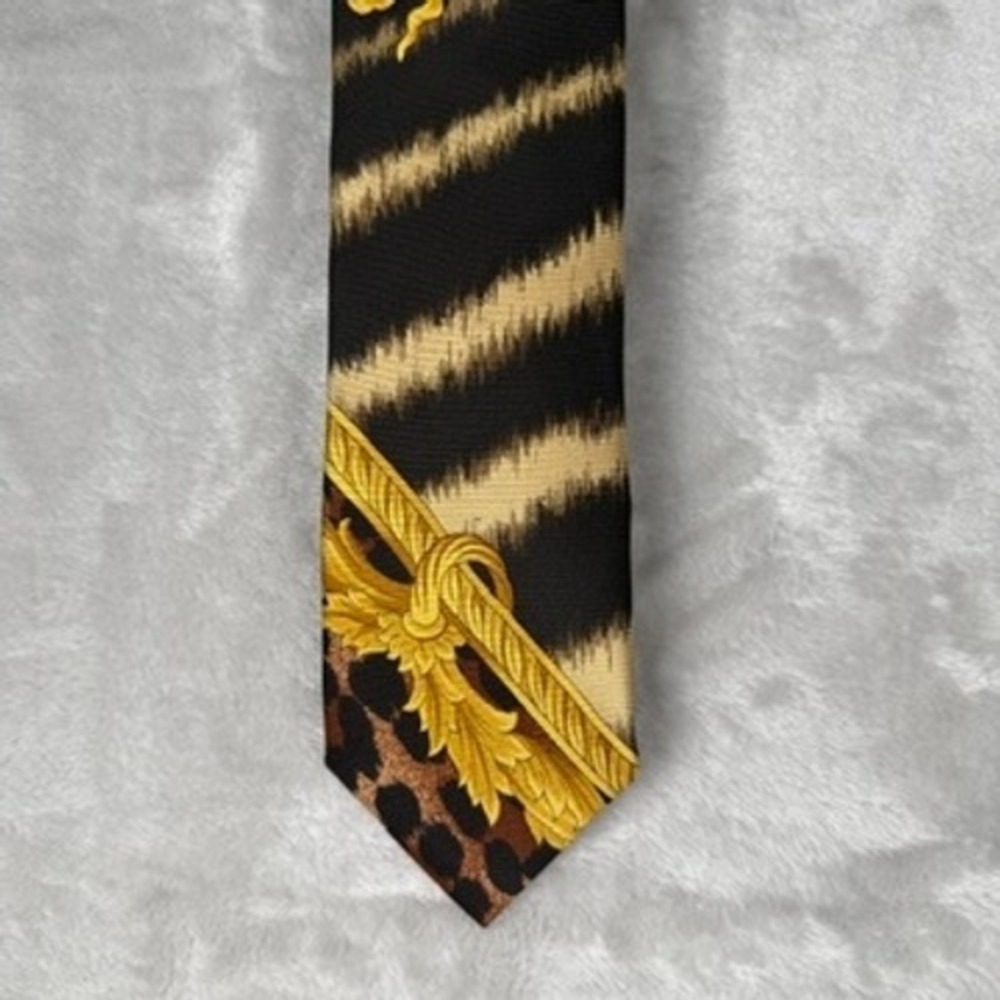 Vintage Versace Mens Silk Tie Black Gold Baroque Zebra Leopard Print